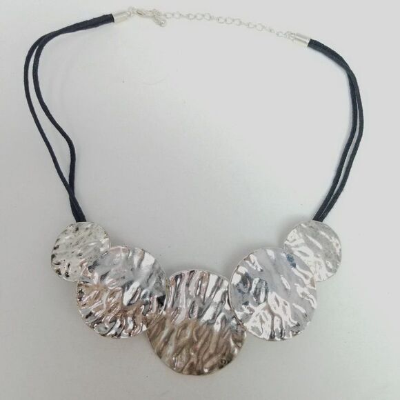 Vintage Chunky Silver Tone Disc Collar Necklace, Statement, Black Cord Setting - Picture 5 of 6